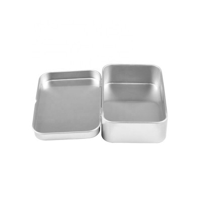 Small thin metal rectangular silver hinged lid decorative metal tin box