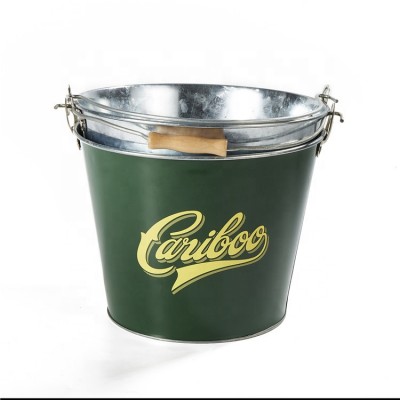 Beer package customized printing silver galvanised metal ice bucket with hinged lid